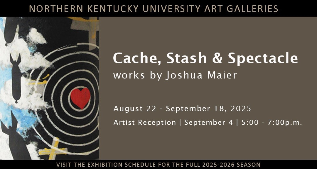 Graphic design poster for NKU School of the Arts BFA Spring 2025 exhibition. The design features a vibrant blue and peach color scheme with abstract texture in the background. The poster announces the Opening Reception on Thursday, April 17 from 5:00 pm to 7:00 pm, and Artist Presentations from 3:30 pm to 5:00 pm at Corbett Lobby (2nd floor of Fine Arts Center). The poster lists participating artists from Animation, Art History, Drawing, Integrative Media, Painting, and Spatial Arts, with names of the featured students. Parking is available in the Welcome Center Garage. The NKU SOTA logo is displayed at the bottom.