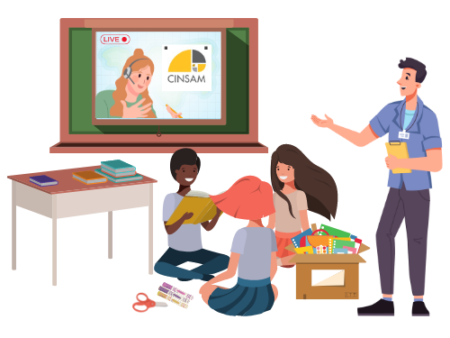 Cartoon graphic of a teacher and students doing hands-on activities with CINSAM virtually.